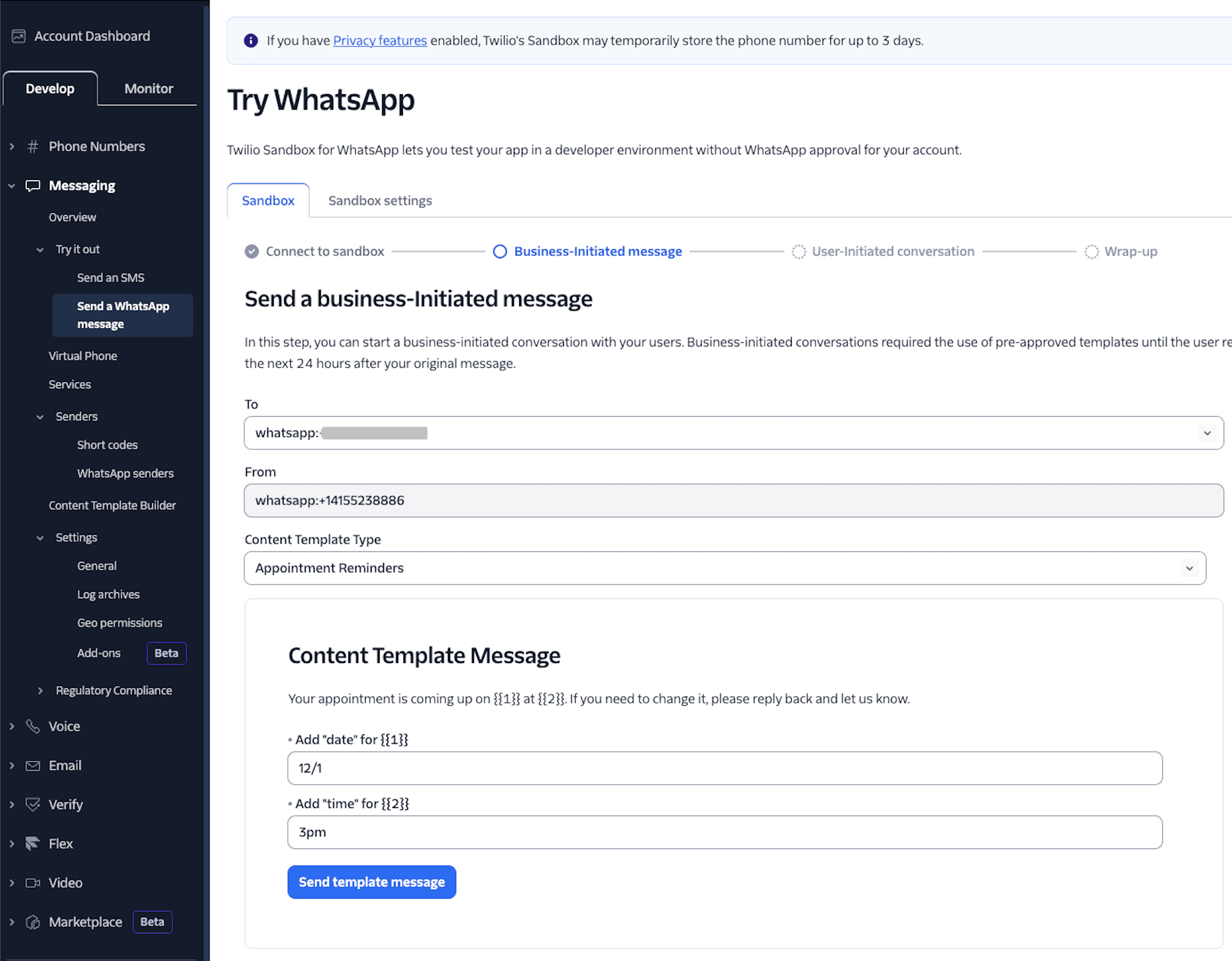 Twilio From & WhatsApp Recipient Number