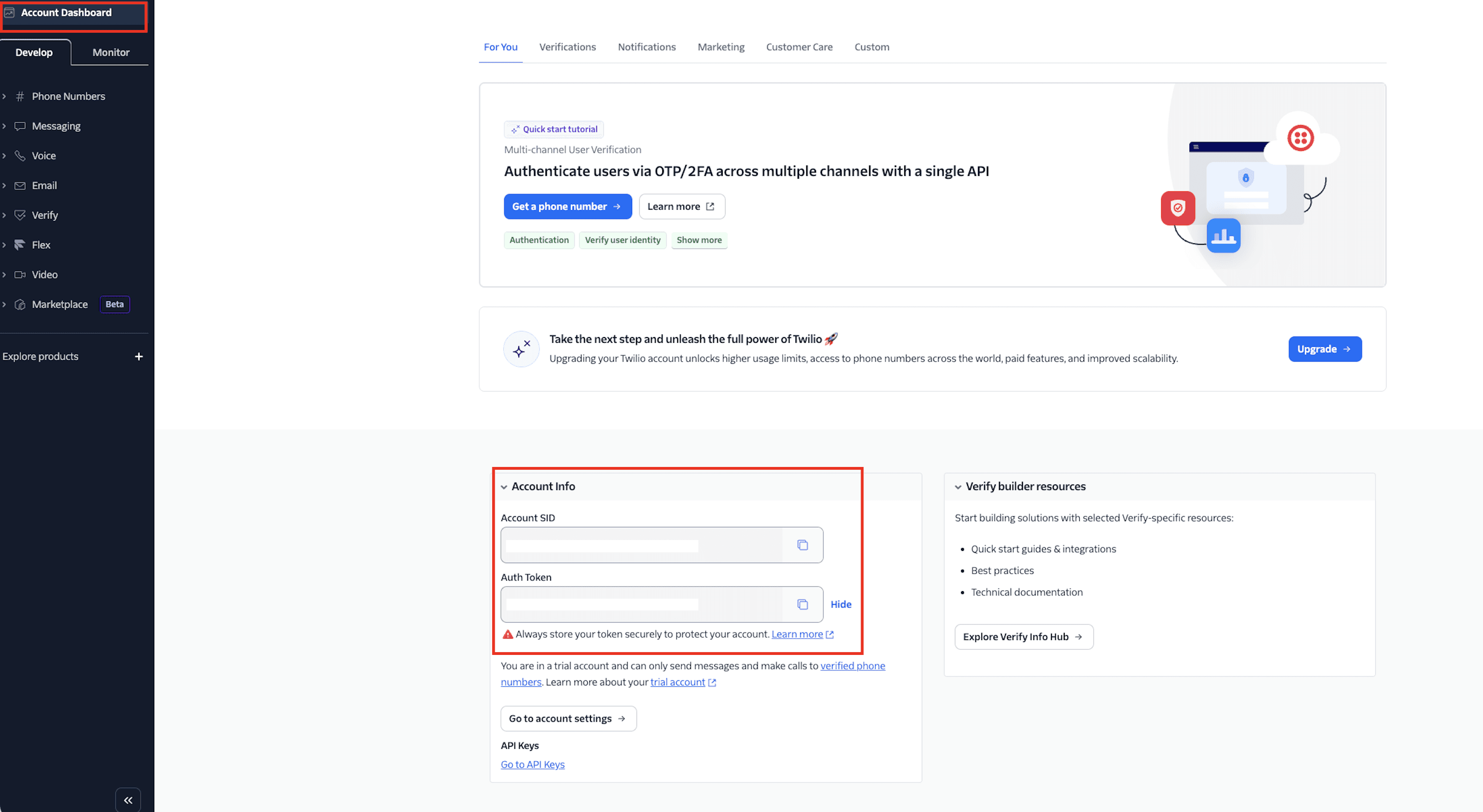 Twilio Account SID and Auth Token Dashboard